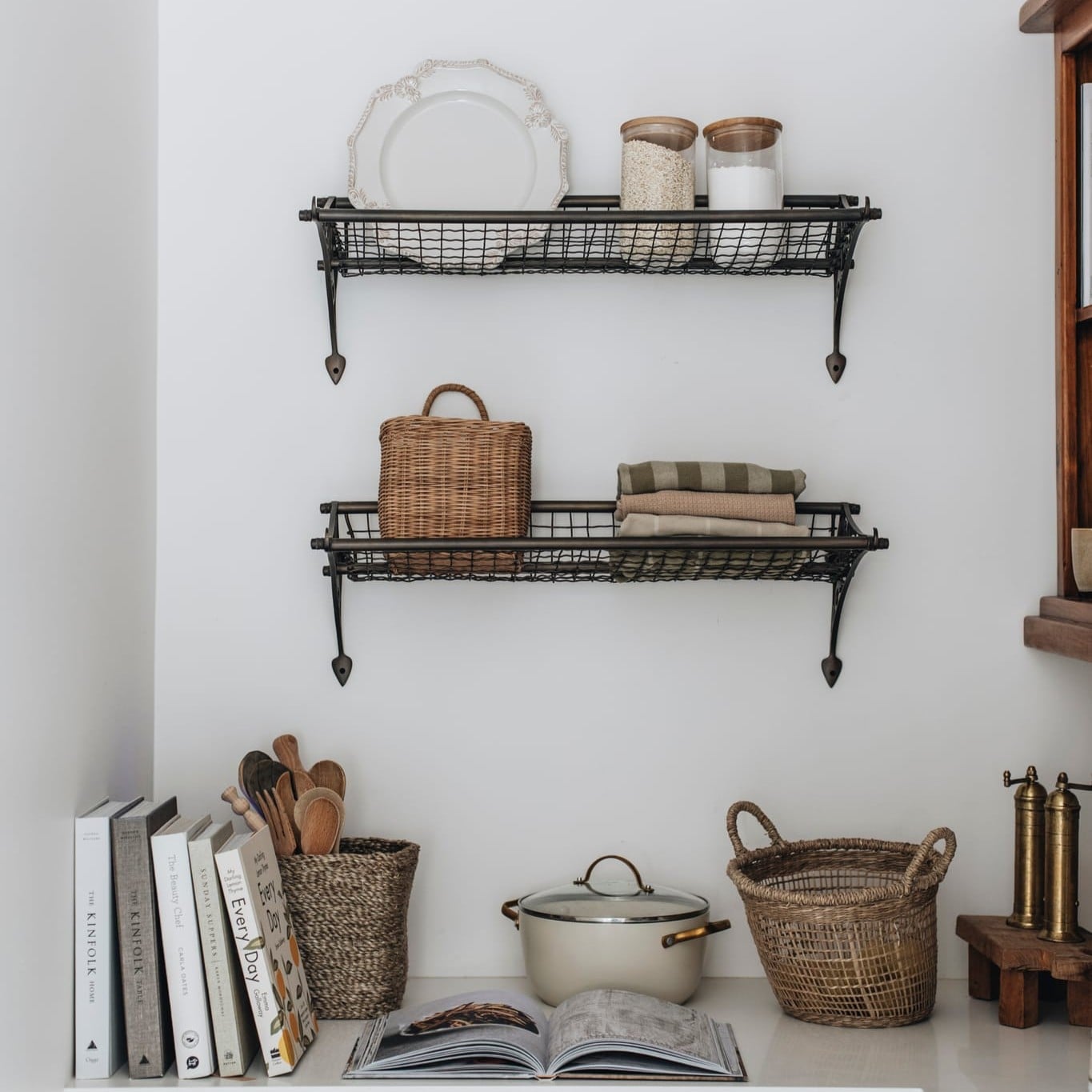 Pantry wall with two wire rack shelves in antique bronze